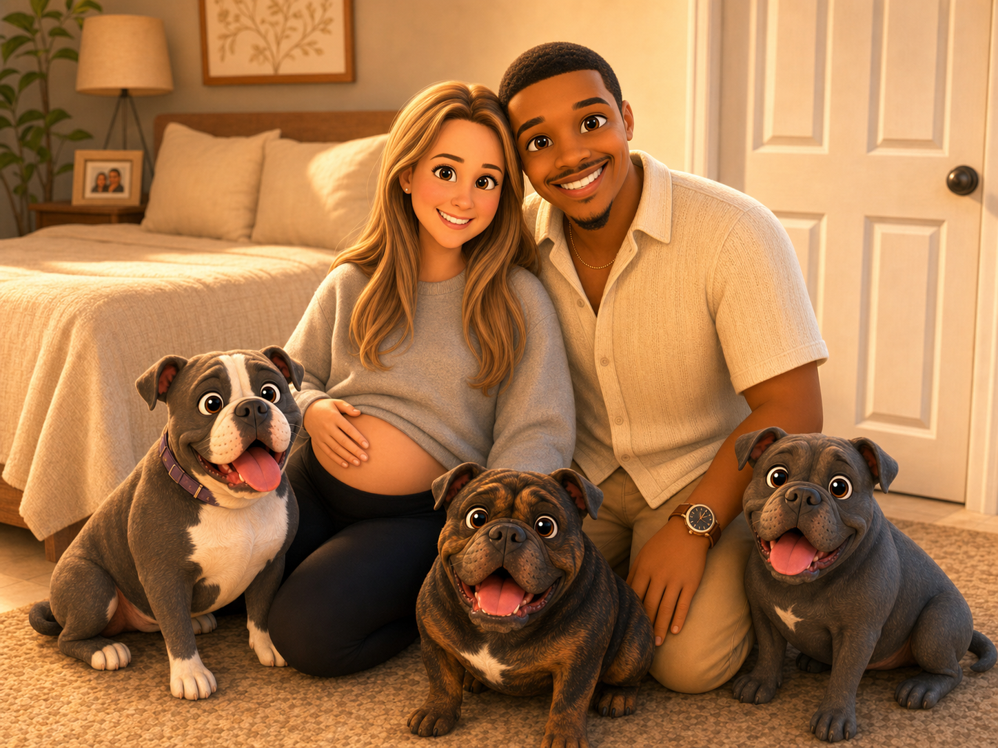 Cartoon illustration of Lorenzo, Jenna, and their dogs with a baby on the way