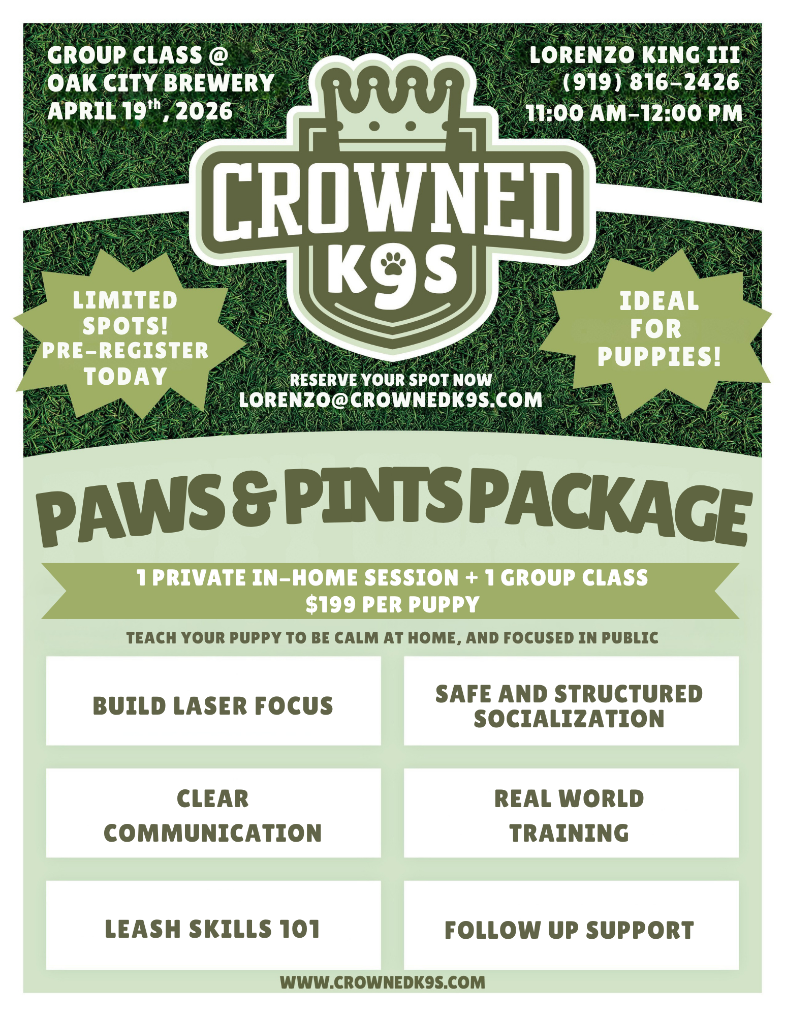Paws and Pints Pack Puppy Group Class April 19th – Oak City Brewery